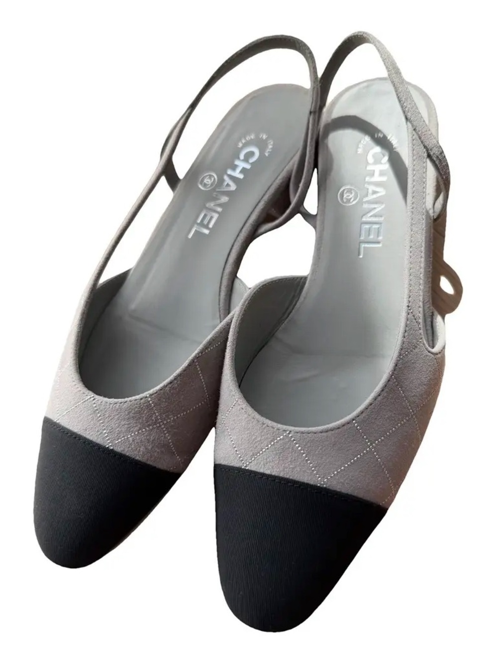 CHANEL Two-Tone Quilted Slingback Flats in Gray and Black
